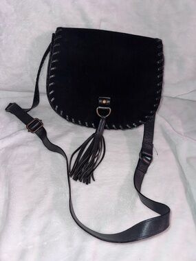 Noonday Collection Black Suede/Leather Crossbody Saddle Bag Western Boho Tassel